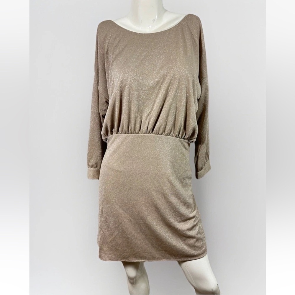NWT Knot Sisters Sz M Open Back Metallic Gold Sparkling Dress Drop Waist Dolman